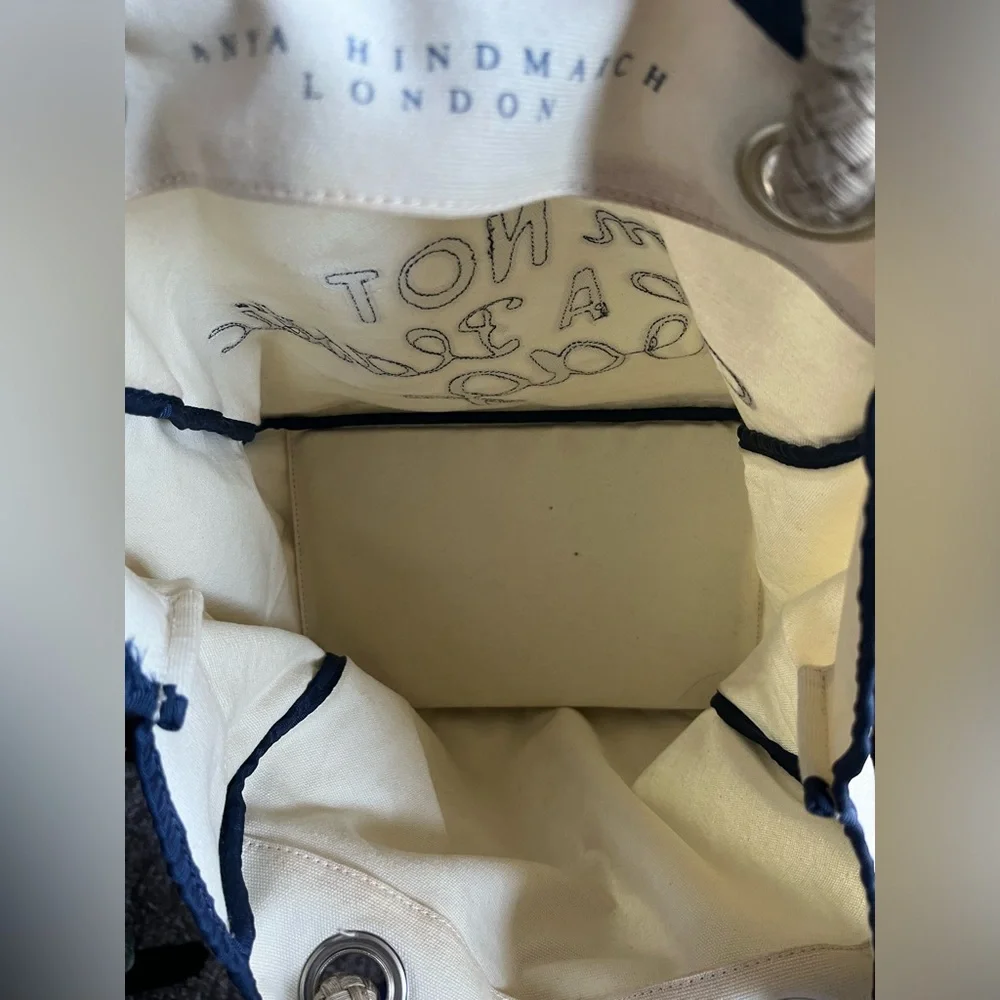Anya Hindmarch London I AM NOT A PLASTIC BAG Cream and Navy Canvas Tote Bag - Picture 11 of 13